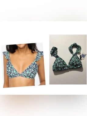 J. Crew Factory Ruffle Strap Floral Bikini Swim Top XXS Green Navy NWT